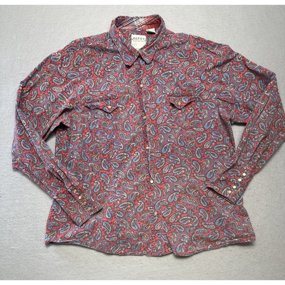 Roper Womens Western Shirt XL Pink Blue Paisley Pearl Snap Long Sleeve VTG